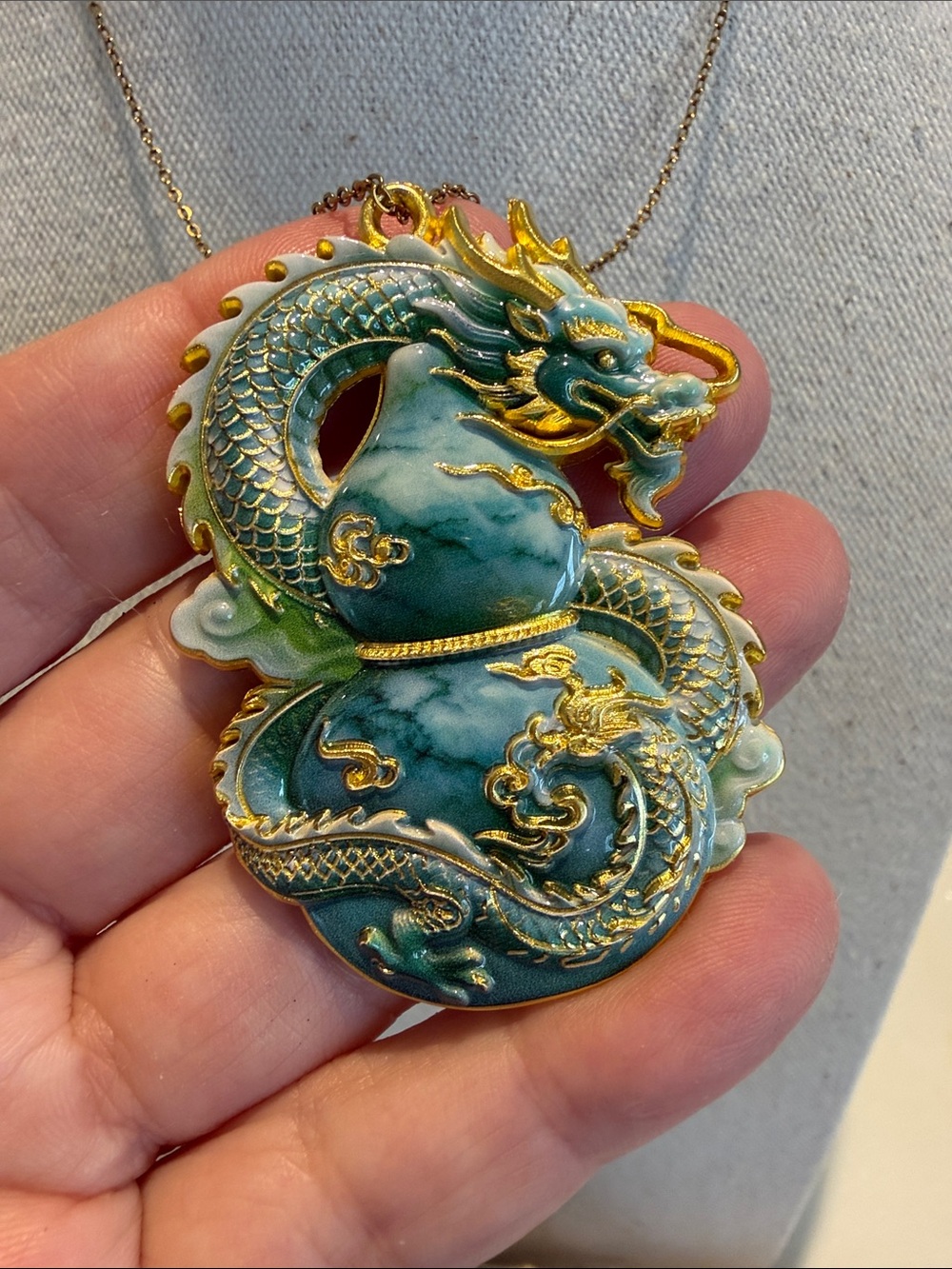 Green Dragon Cloisonne Pendant Necklace with Gold Accents